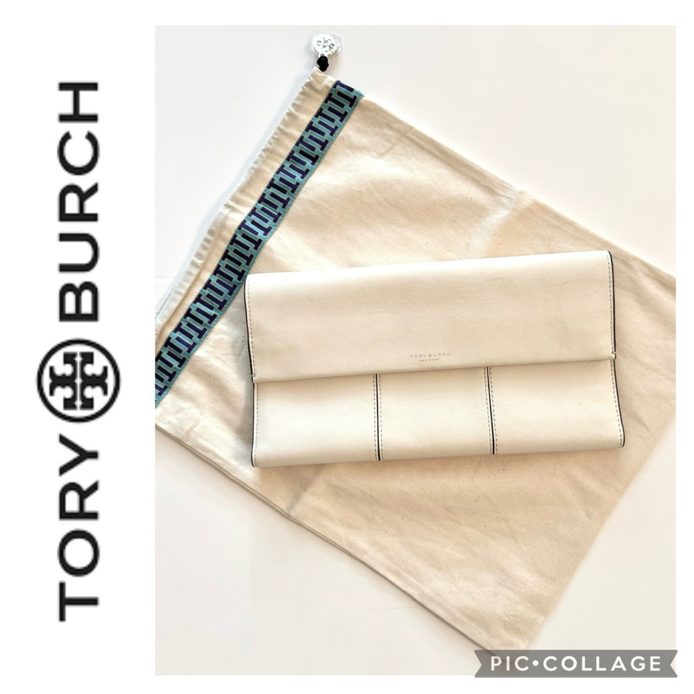 🦋Tory Burch Ivory Leather Block-T Travel Clutch with Dust Bag🦋